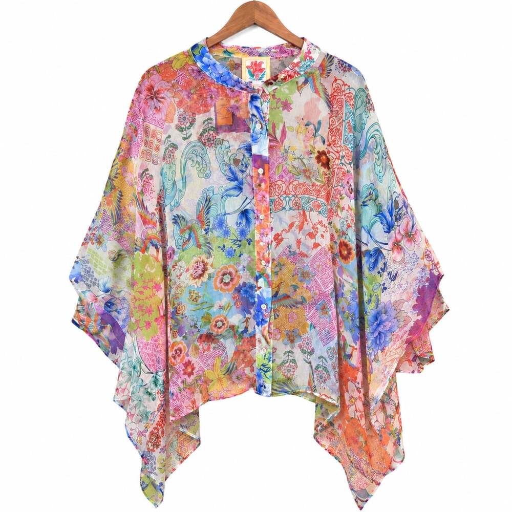 Johnny Was 100% Silk Poncho Size PL/PXL Multi Floral Print Blouse Boho